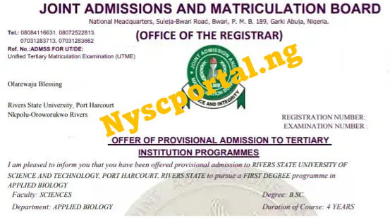 JAMB Admission Letter