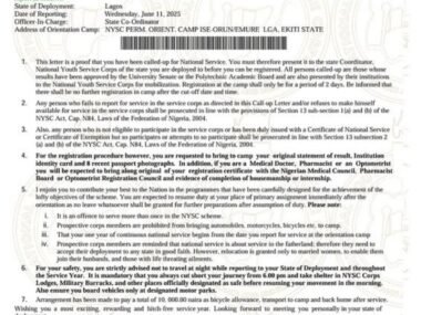NYSC Call Up Letter Sample